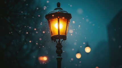 Winter Night's Glow: A Snow-Covered Lamp Post Illuminates a Dark Snowy Night