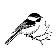 Elegant Line Art Sketch, Vintage Illustration of Chickadee, Isolated on Transparent Background, Vector Format 