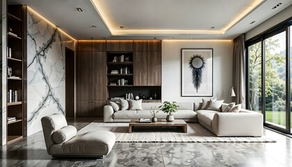 Photorealistic modern living room with neutral tones and geometric patterns