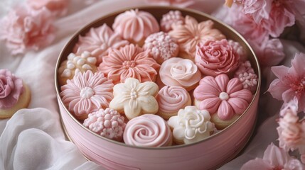 Fototapeta premium A collection of beautifully decorated floral cookies with intricate pink buttercream flowers, showcasing delicate artistry and a charming pastel aesthetic.
