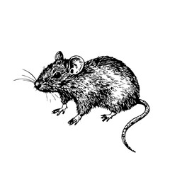  Fine Line Art Illustration, A Detailed Sketch of Rat Featuring Textured Hatching and Monochromatic Precision with Transparent Background 