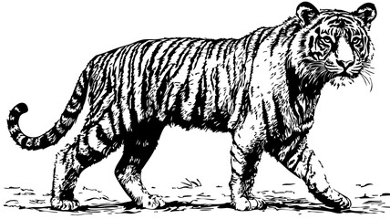 Fine Line Art Illustration, A Detailed Sketch of Tiger Featuring Textured Hatching, with Transparent Background © No background