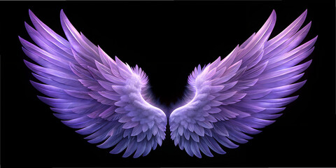 Mesmerizing angel wings with a purple hue on a stark black background conveying themes of minimalism and ethereal beauty