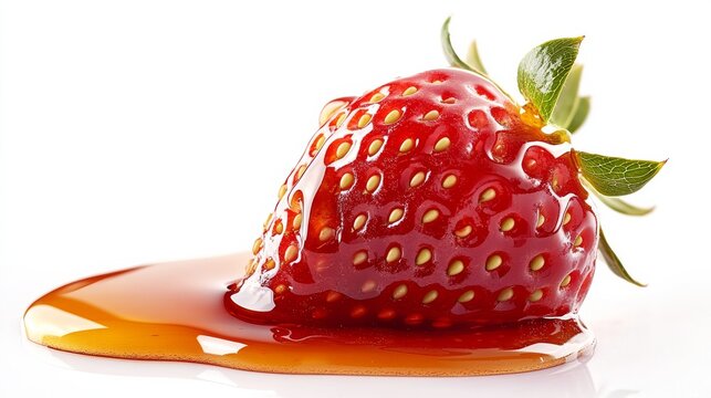 A luscious, ripe strawberry drenched in glossy syrup rests alluringly on a clean white background, evoking freshness, sweetness, and culinary delight.