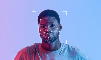 A person is shown with facial recognition technology applied, showcasing key features on a blue and pink backdrop. This depicts advancements in identification and security measures.