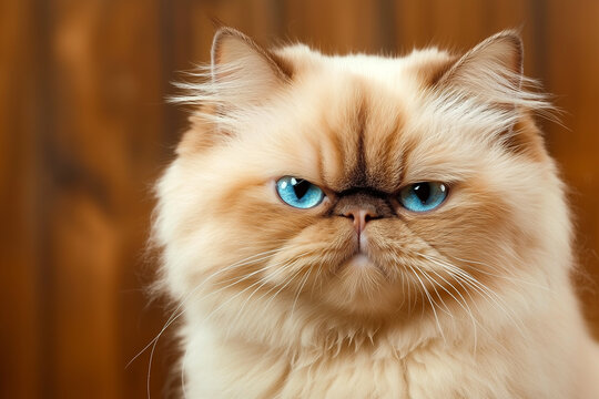 Fluffy cat with blue eyes and grumpy expression