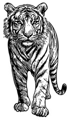 Intricate Line Drawing, A Detailed Monochrome Illustration of Tiger with Elegant Textures, Fine Details, and Transparent Background 