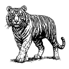 Minimalist Line Art, A Simple Monochrome Illustration of Tiger with Clean Lines and Transparent Background 
