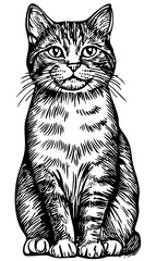 Realistic Hand-Drawn Sketch, Monochrome Illustration of Cat, Background Removed, Vector Artwork