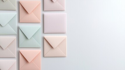 Collection of nine small envelopes arranged in a grid-like pattern on a light blue background. the envelopes are of different colors - light pink, light blue, light green, and light pink.