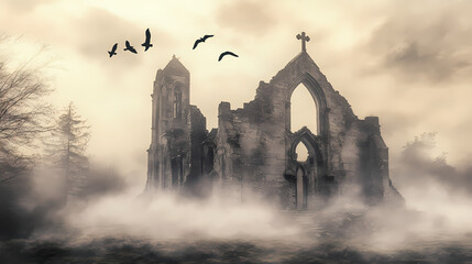 Naklejka premium A ghostly, misty scene of an ancient ruined church with birds flying overhead. Ancient Ruins. Illustration