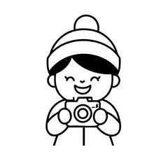 animated person holding a camera simple line art, no background