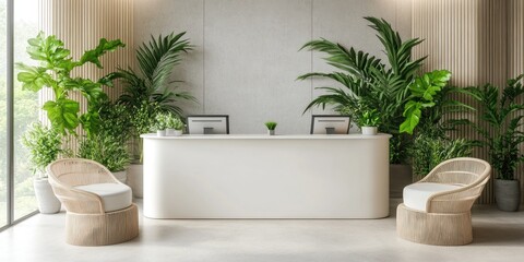 Serene Minimalist Reception Area Design with Lush Greenery