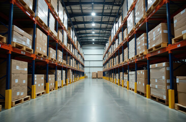 Fototapeta premium Spacious industrial warehouse with organized storage shelves and stacked boxes