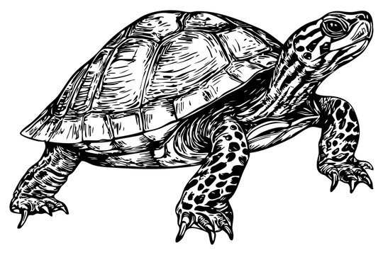 Detailed Hand-Drawn Sketch Illustration, A Monochrome Artistic Representation of turtle with Intricate Linework