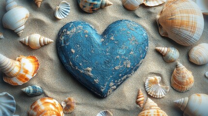 A heart-shaped stone lies nestled among a collection of various seashells scattered across sandy beach, capturing themes of nature, love, and timeless beauty effortlessly.