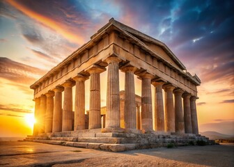 Obraz premium Minimalist Greek Temple Sunrise: Ancient Ruins, Serenity, and Architectural Design