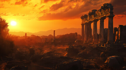 Naklejka premium Ancient ruins of the legendary city of troy under a dramatic sunset, with crumbled walls and columns from an epic past. Ancient Ruins. Illustration