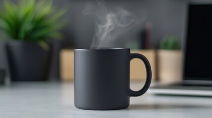Black mug with a handle on a white countertop. the mug is filled with a steaming hot beverage, which appears to be coffee or tea. the steam is coming out of the mug, creating a wispy effect.