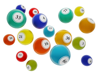 Bingo balls with generic numbers on transparent background. 3D illustration