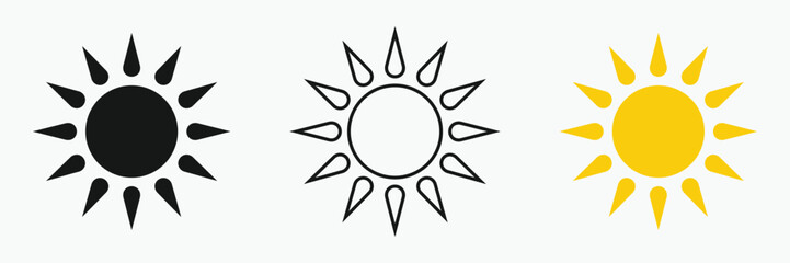 Sun icon set , including shining rays, sunset designs, solar energy, and star-inspired illustrations. Perfect for representing warmth, tanning, and bright energy.