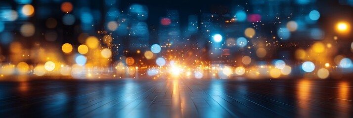 Obraz premium Blurred City Lights At Night, Abstract Background With Orange And Blue Bokeh Effect On Wet Asphalt