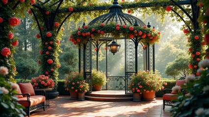 Fototapeta premium Elegant garden gazebo with ironwork pavilion and blooming roses in morning light