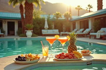 Tropical poolside refreshments at sunset with fruit and drinks
