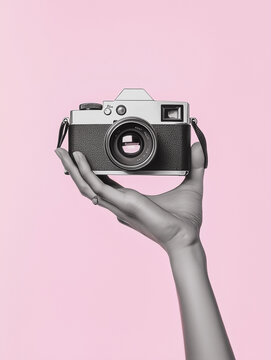Poster. Contemporary art collage. Hand holds retro photo camera in monochrome filter against pink background. Concept of art, vintage things, mix old and modernity. Copy space for ad	
