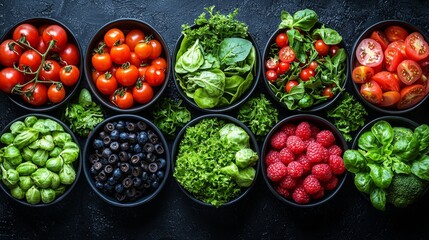 Fresh fruits and vegetables in vibrant bowls