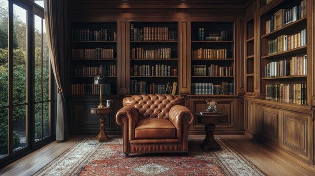 A quiet, classic library setting featuring a plush leather armchair, surrounded by towering bookshelves filled with an array of books, and a soft rug.