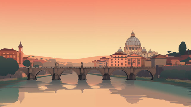 Illustration de la ville de Rome en Italie. Carte postale. Illustration vectorielle. Voyage, vacances, visiter, pays. Pour conception et cr&eacute;ation graphique.