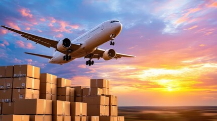Airplane landing, cargo boxes, sunset, global logistics