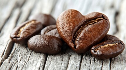 Fototapeta premium A close-up of a heart-shaped coffee bean resting on weathered wood, surrounded by several regular coffee beans, highlighting its unique form and rich texture.