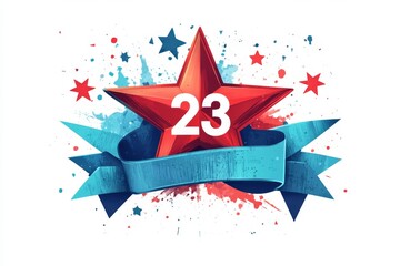 Red Star, Number 23, Festive Ribbon  Patriotic Design for February 23rd Celebration
