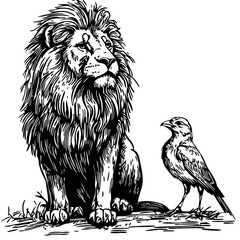 Detailed Hand-Drawn Sketch Illustration, Lion and Canary Bird in Monochrome Art, Transparent Background, Vector File