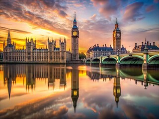 Fototapeta premium Minimalist London: Westminster Palace, Big Ben, Thames River Bridge