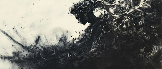 Expressive black ink art showcasing smooth flow and deep texture in monochromatic style