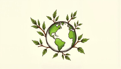 Earth surrounded by branches and leaves in a colorful, eco-friendly style with a copy space