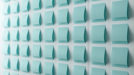 Wall covered in small square-shaped notes in a light blue color. the notes are arranged in a grid-like pattern, with each note slightly overlapping the one below it.