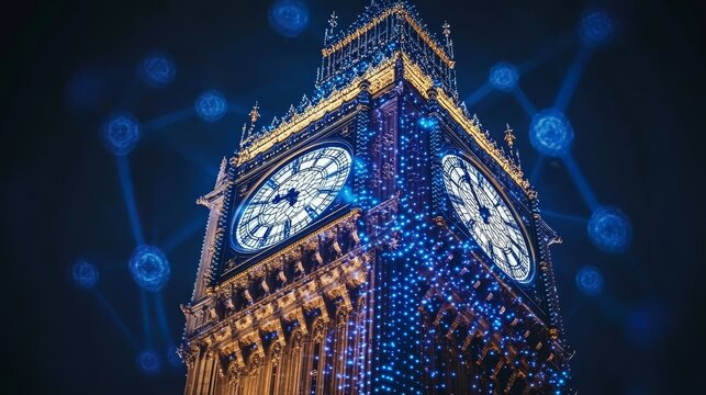 Iconic Clock Tower Adorned with Festive Lights and Digital Network, Symbolizing Modern Technology.