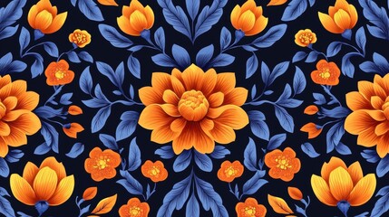 Seamless pattern with a dark blue background. it features a large orange flower in the center, surrounded by smaller orange flowers and blue leaves.