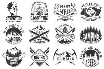 Obraz premium Set of hiking, climbing and camping related typographic quote. Vector. Concept for shirt or logo, print, stamp, sticker. Design with forest, mountains, hiker, axe and campfire