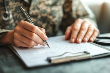 Military Doctor Filling Out Medical Forms, Close-Up