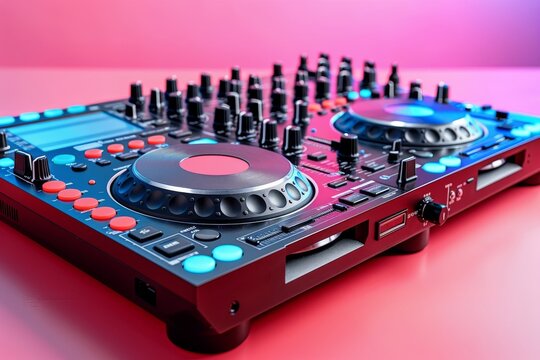 High-tech DJ mixer setup featuring vibrant colors and detailed controls for mixing music in a studio environment