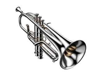 Obraz premium Polished Silver Trumpet Isolated on a Pure White Background, Perfect for Music-Related Projects and Designs