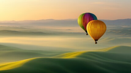 Obraz premium Serene sunrise with colorful hot air balloons over rolling hills