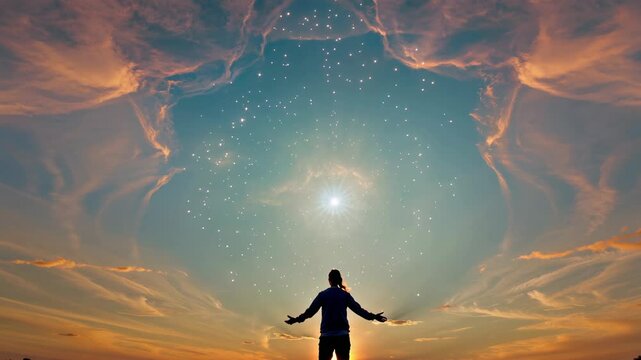 A silhouette of person with arms slightly raised in a hopeful gesture stand on a hilltop at sunset, facing a vast sky filled with glowing light and soft clouds. Dreams coming true. Footage, 4k