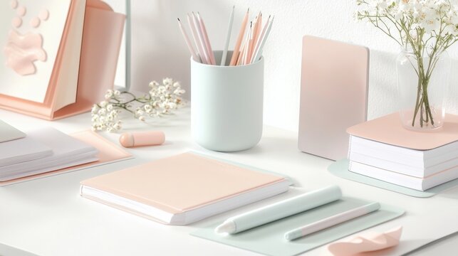 Desk with various stationery items scattered on it. on the left side of the desk, there is a white vase with pink pencils in it.