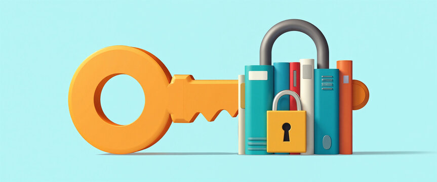 Large orange key unlocking books feeling of enlightenment symbolizes access to education on a vibrant turquoise background